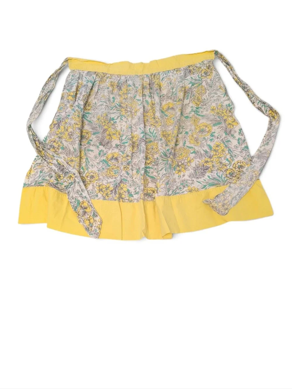 VINTAGE 1950 Floral Apron Tie-Waist Cotton Traditional Yellow Green White 21